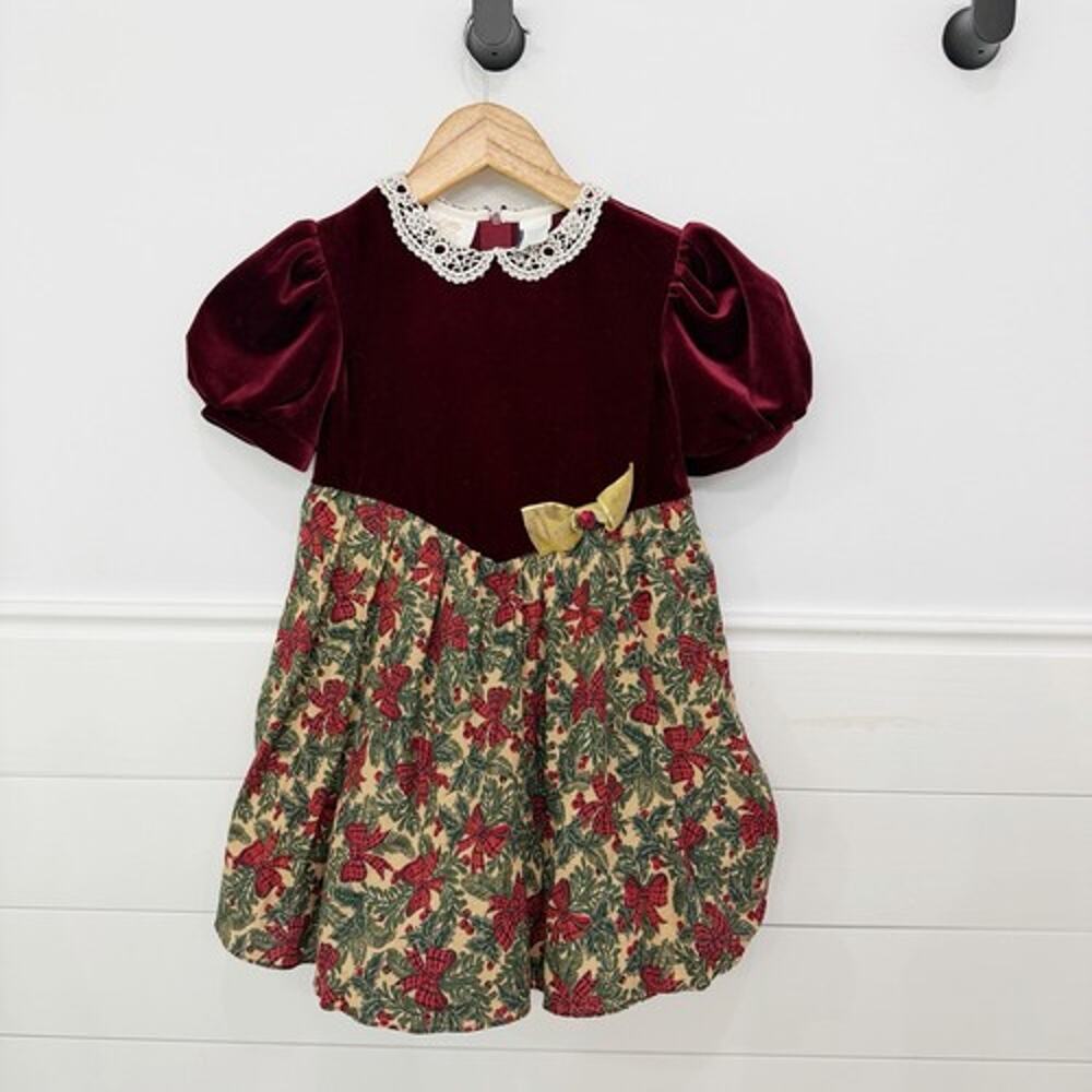 Vintage Girl’s Little Bitty Burgundy Velvet Lace Collar Floral Christmas Dress 5